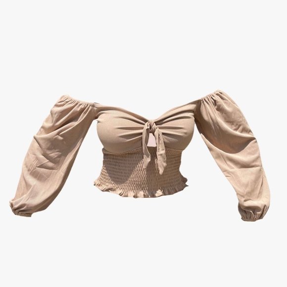 (NWT) Smocked Keyhole Off-Shoulder Top - Khaki - Picture 3 of 6